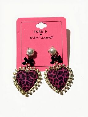 Betsey Johnson For Torrid Hot Pink Leopard Heart Drop Earrings Pearl Black Bow